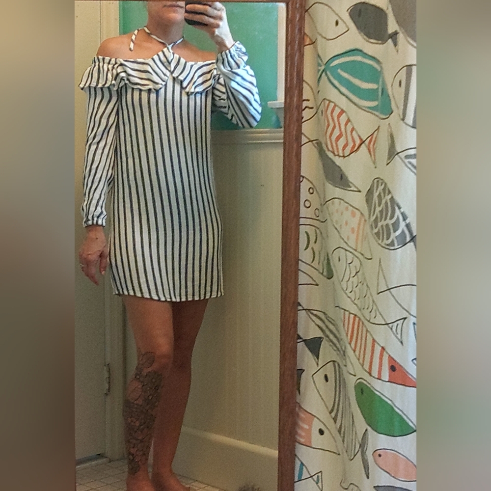 Aeropostale Navy & Blue Striped Dress, Small, Off-shoulder w/unique halter tie
